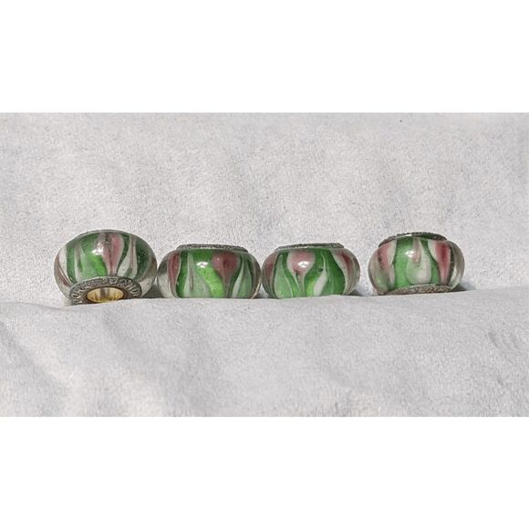 NEW SET OF 4 PANDORA MURANO BEADS TRANSLUCENT GREEN W/PINK & WHITE MARKINGS - BE - Picture 1 of 3
